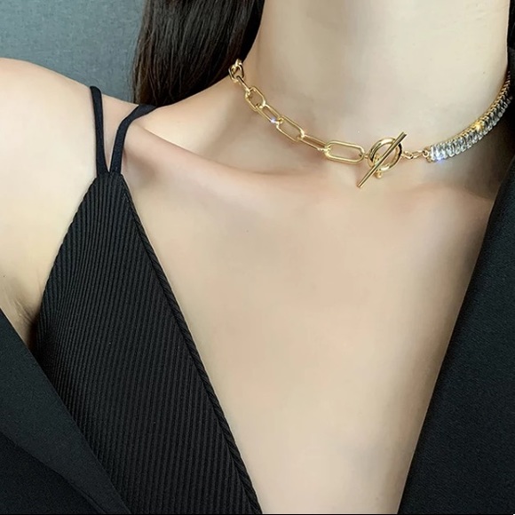 🌟 Trendy Gold Two Tone Chain Necklace Chunky Crystals Choker - Picture 4 of 5